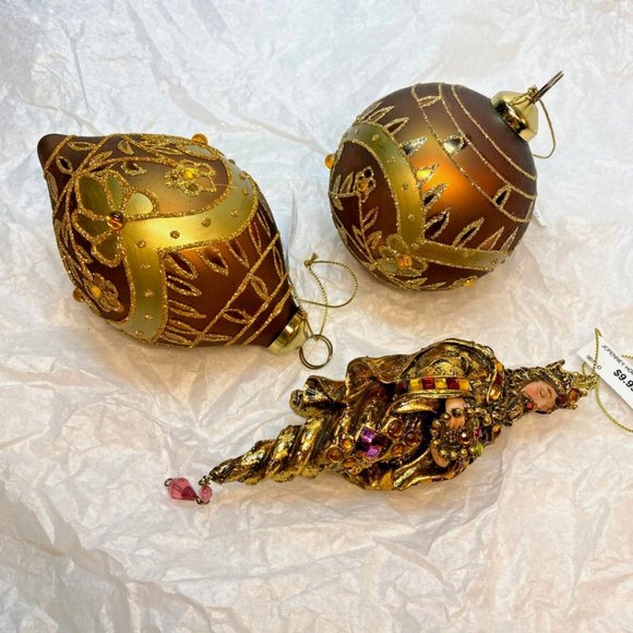 Brown W Gold Decor Glass Ball Teardrop N A King Christmas Ornaments Set of 3 - Picture 4 of 11